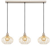 Hanglamp met drie lampen en moderne, open lampenkappen van metaal met een draadachtige look, gezien van voren.
