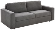 Graues Funktionssofa mit zwei Sitzplätzen, seitliche Perspektive