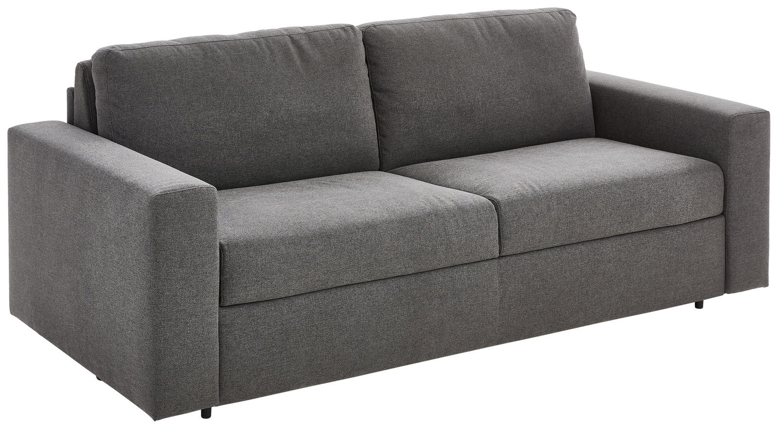 Graues Funktionssofa mit zwei Sitzplätzen, seitliche Perspektive