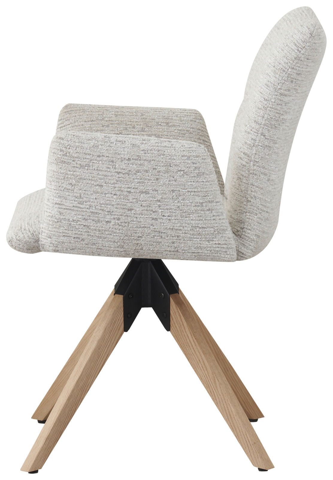 Seitenansicht eines modernen Armlehnstuhls mit hellgrauem Stoffbezug und Holzbeinen, Modell Z2 Armlehnstuhl DUSTIN.