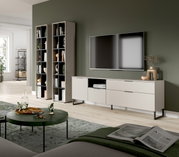 Modernes Wohnzimmer-Setup mit weißem TV-Lowboard auf schwarzen Metallfüßen, zwei hohen offenen Regalen und wandmontiertem Fernseher vor olivgrüner Wand, aufgenommen in schräger Frontansicht aus leicht erhöhter Perspektive.