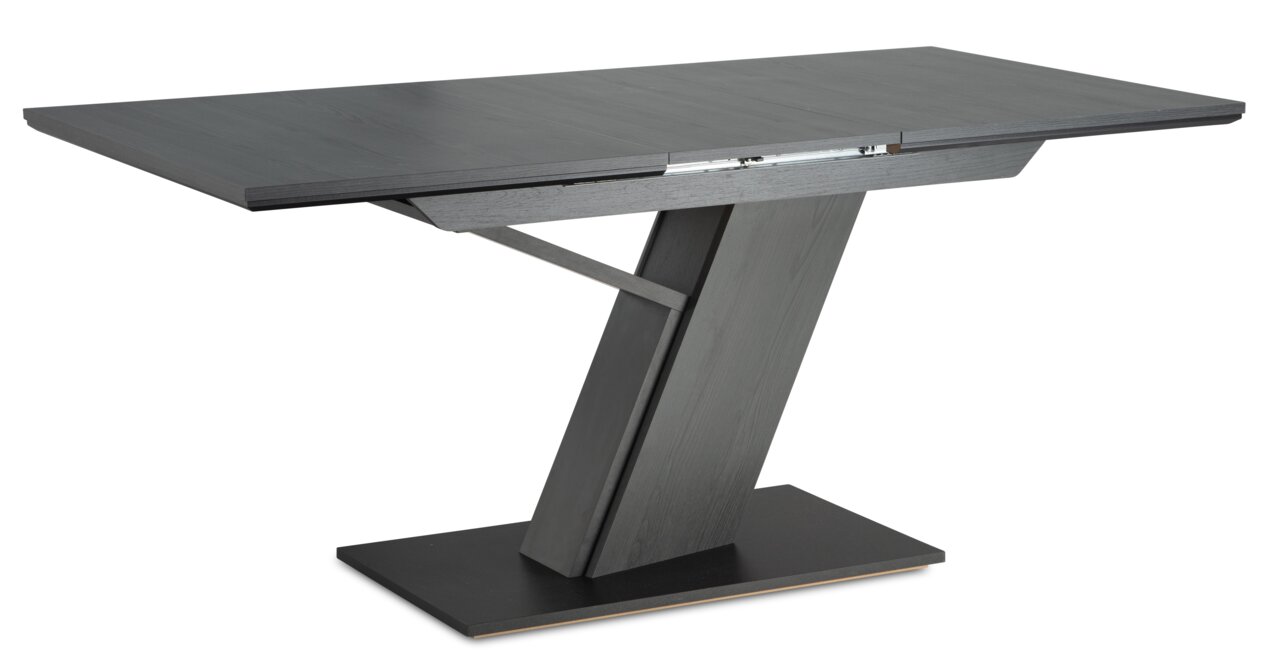 Moderner Esstisch mit schrägem Mittelfuß in dunklem Holz, seitliche Perspektive