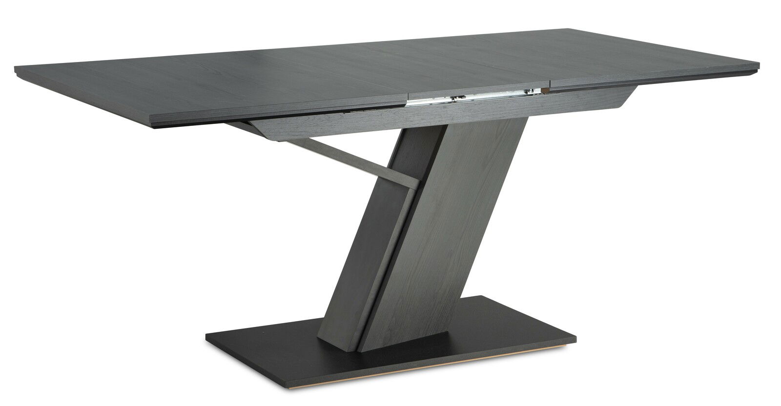 Moderner Esstisch mit schrägem Mittelfuß in dunklem Holz, seitliche Perspektive
