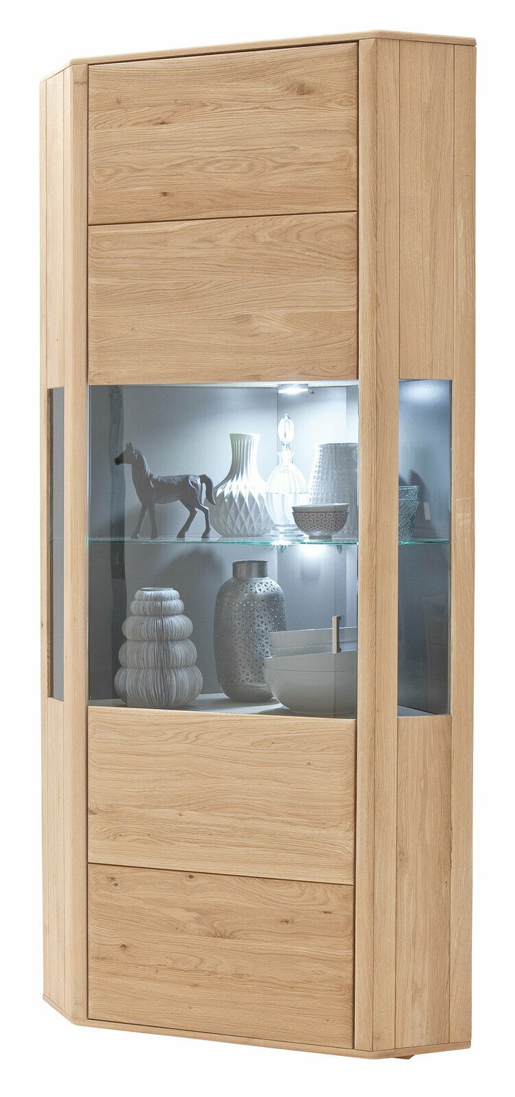 Eckvitrine aus hellem Holz mit Glaseinsätzen, dekoriert mit Vasen und Figuren, seitliche Perspektive