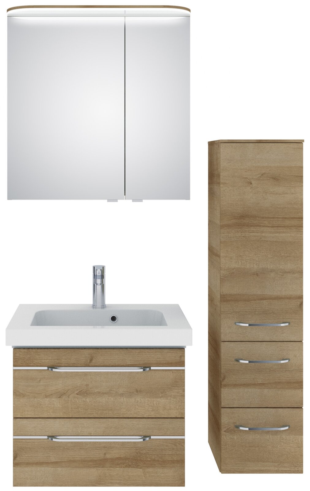 Badezimmermöbel-Set mit Spiegelschrank, Waschbeckenunterschrank und Hochschrank in Holzoptik, Frontalansicht