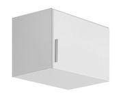 Weißer, einflügeliger Schrankaufsatz mit silbernem Griff, perspektivisch von vorne rechts gesehen.