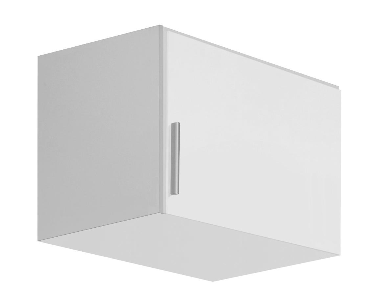 Z2 Schrankaufsatz 1-türig (re) CELLE Weißer, einflügeliger Schrankaufsatz mit silbernem Griff, perspektivisch von vorne rechts gesehen.
