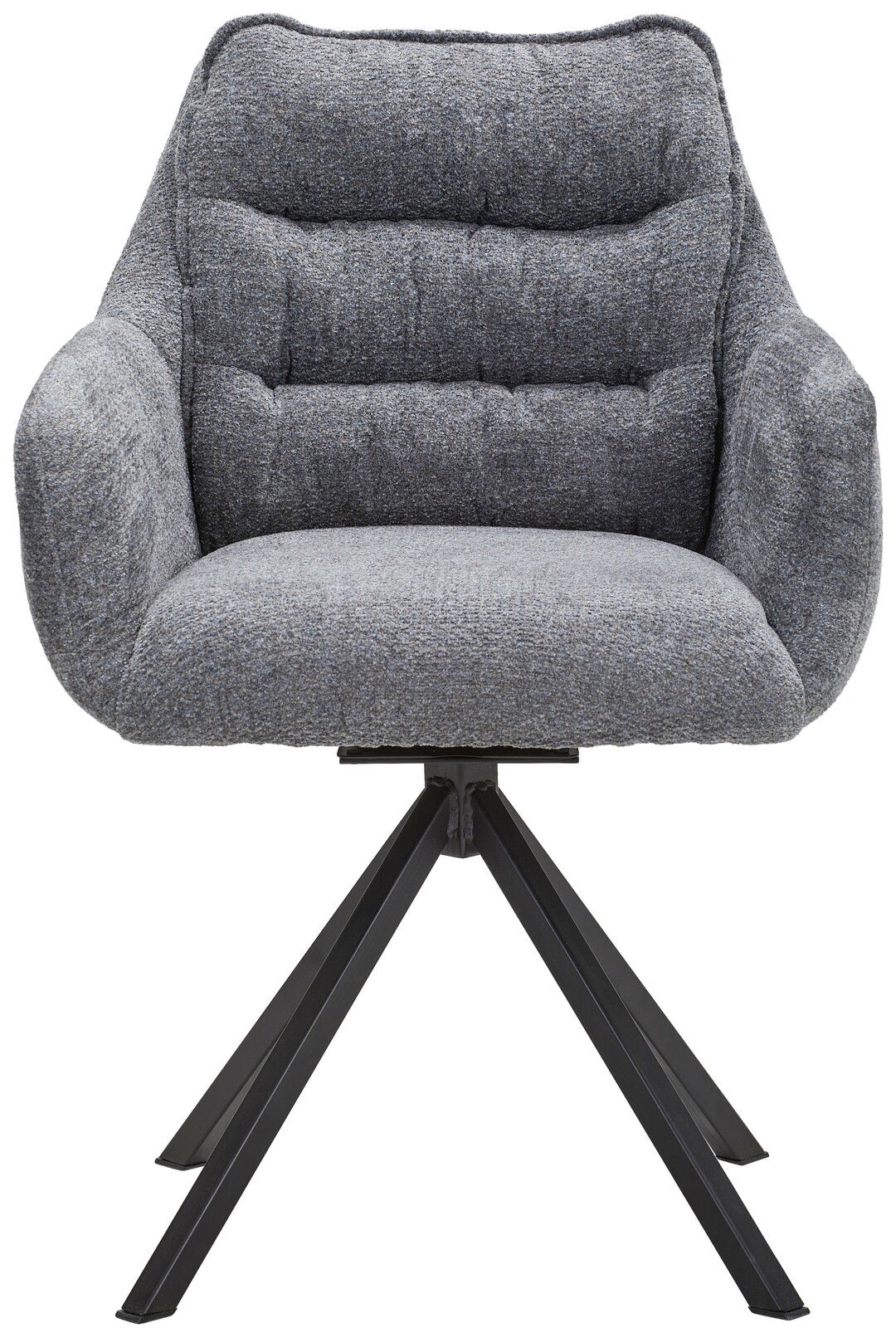 Grauer Armlehnstuhl mit gepolstertem Sitz und Rückenlehne, auf schwarzem Metallgestell, Frontalansicht.