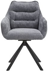 Grauer Armlehnstuhl mit gepolstertem Sitz und Rückenlehne, auf schwarzem Metallgestell, Frontalansicht.