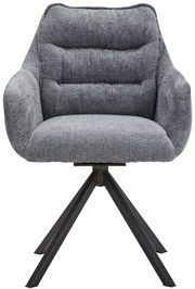 Grauer Armlehnstuhl mit gepolstertem Sitz und Rückenlehne, auf schwarzem Metallgestell, Frontalansicht.