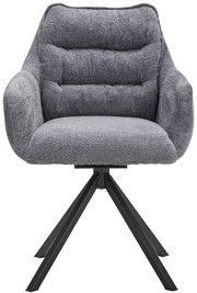 Grauer Armlehnstuhl mit gepolstertem Sitz und Rückenlehne, auf schwarzem Metallgestell, Frontalansicht.