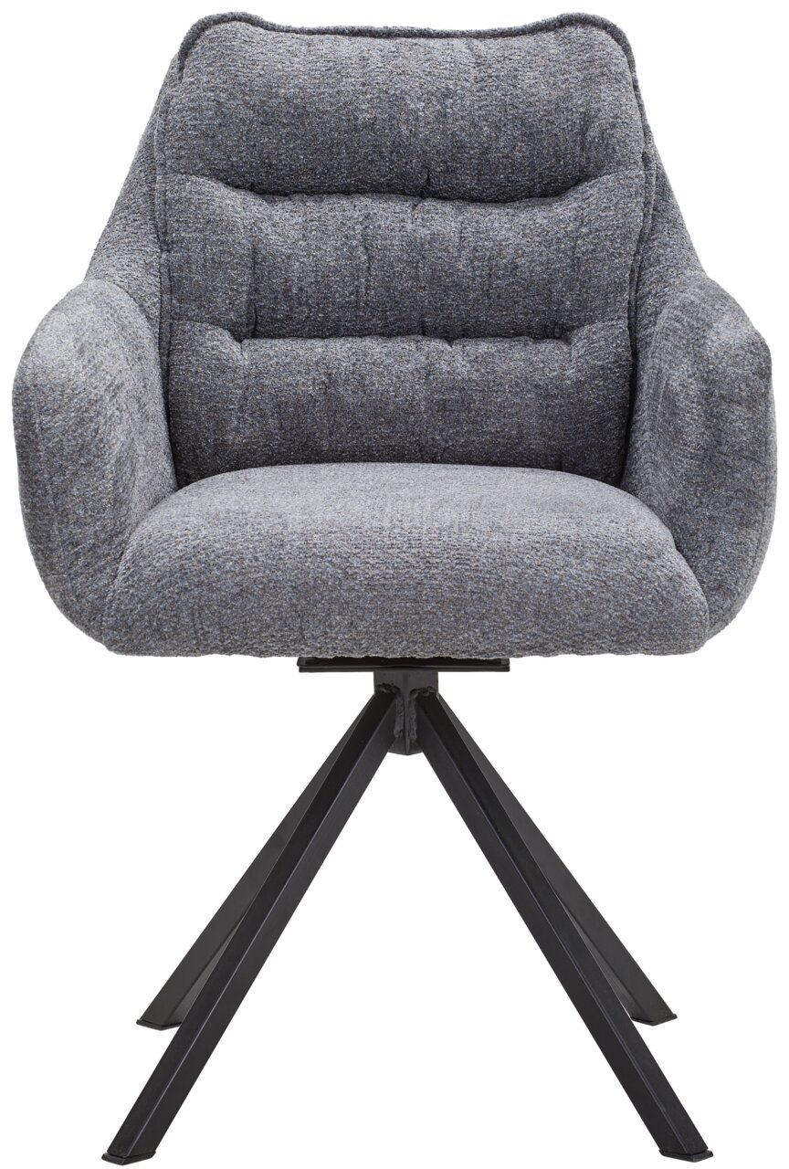 Grijze fauteuil met gestoffeerde zitting en rugleuning, op een zwart metalen onderstel, vooraanzicht.
