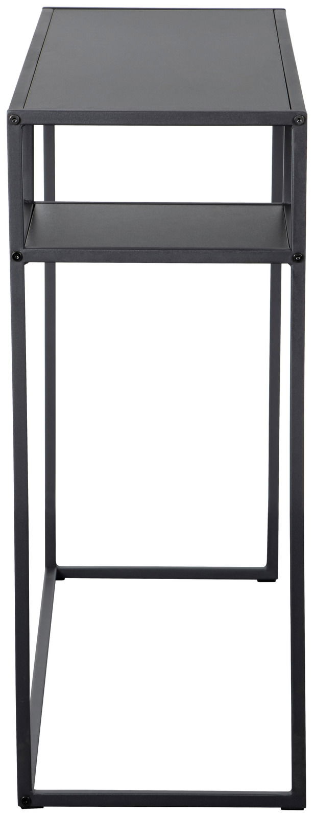 Moderner schwarzer Konsolentisch aus Metall, seitliche Perspektive