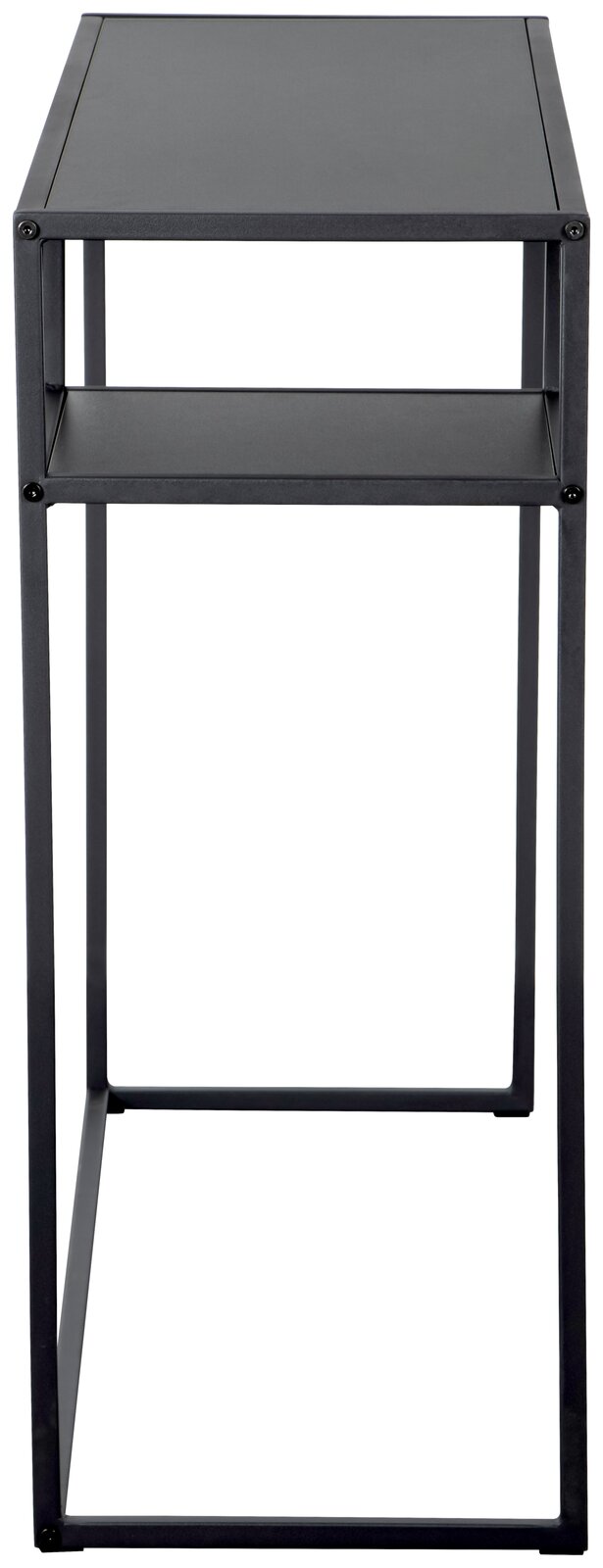 Moderner schwarzer Konsolentisch aus Metall, seitliche Perspektive