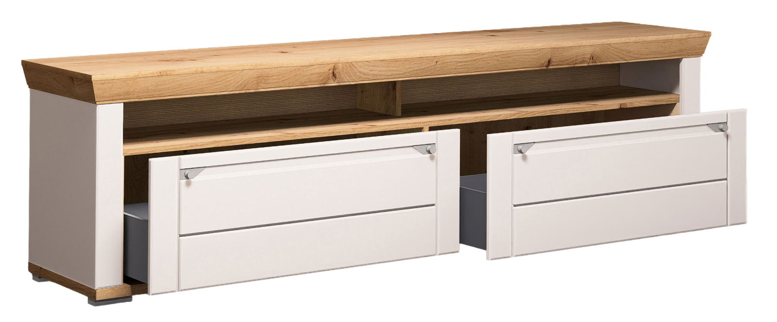 TV-Lowboard aus Holz mit zwei offenen Schubladen, seitliche Perspektive