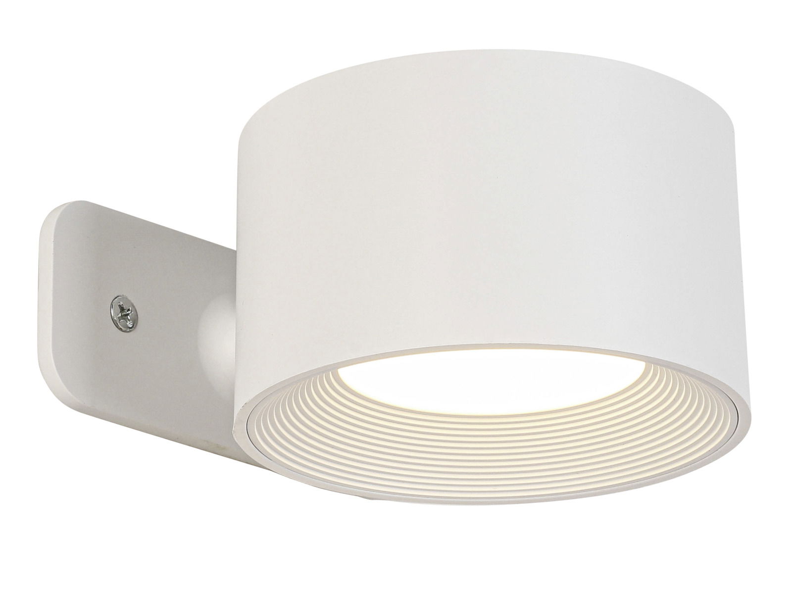 Weiße Akku-Wandleuchte in seitlicher Perspektive mit rundem, modernem Design.