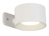 Weiße Akku-Wandleuchte in seitlicher Perspektive mit rundem, modernem Design.