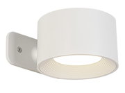 Weiße Akku-Wandleuchte in seitlicher Perspektive mit rundem, modernem Design.