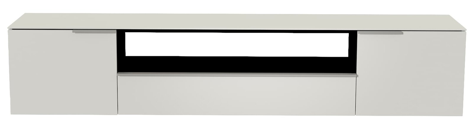 Frontansicht eines modernen, weißen XL Hänge-Lowboards mit zwei Türen und einem offenen Fach in der Mitte.