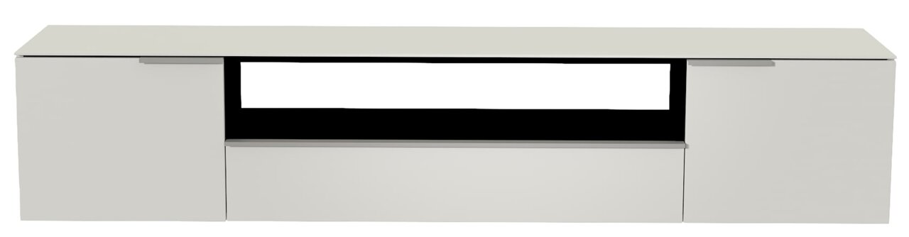 Frontansicht eines modernen, weißen XL Hänge-Lowboards mit zwei Türen und einem offenen Fach in der Mitte.