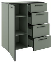 Grüne Kommode mit vier offenen Schubladen und einer offenen Tür, seitliche Perspektive