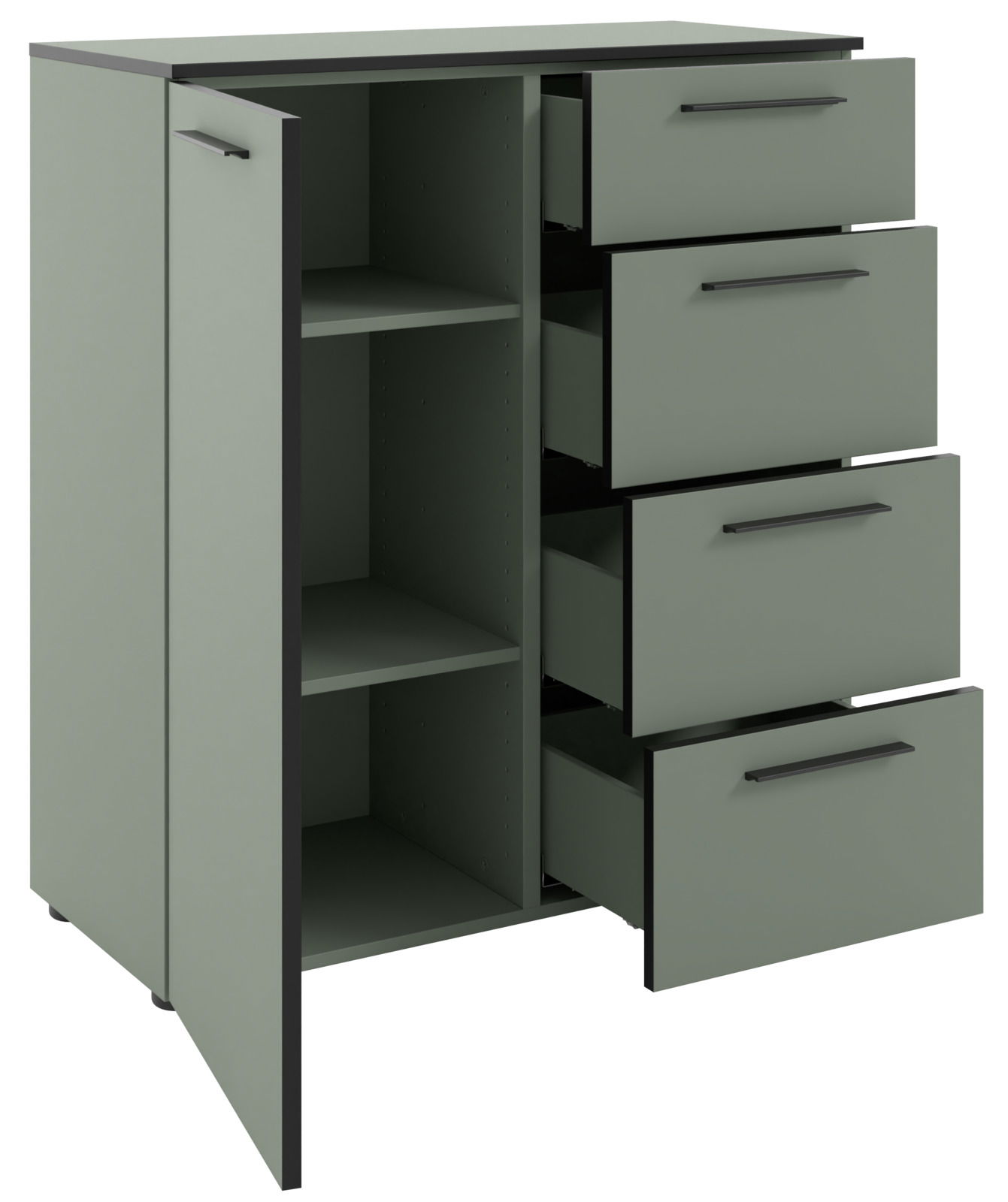 Grüne Kommode mit vier offenen Schubladen und einer offenen Tür, seitliche Perspektive