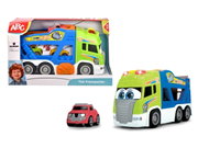 Spielzeugauto Tim Transporter von ABC, bunte Perspektive mit grünem und blauem Design, inklusive kleinem roten Auto.