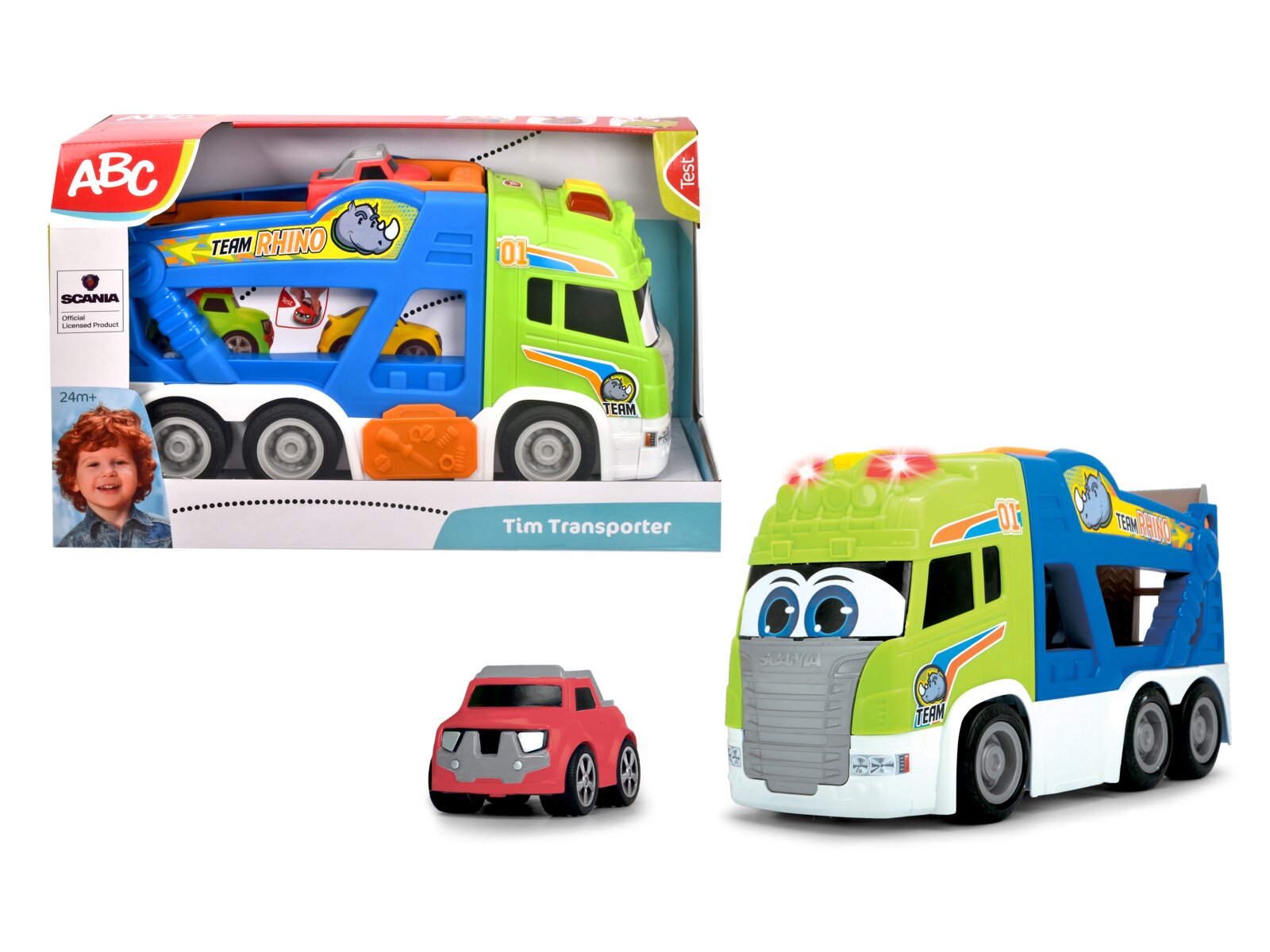 Speelgoedauto Tim Transporter van ABC, kleurrijk ontwerp in groen en blauw, inclusief een kleine rode auto.