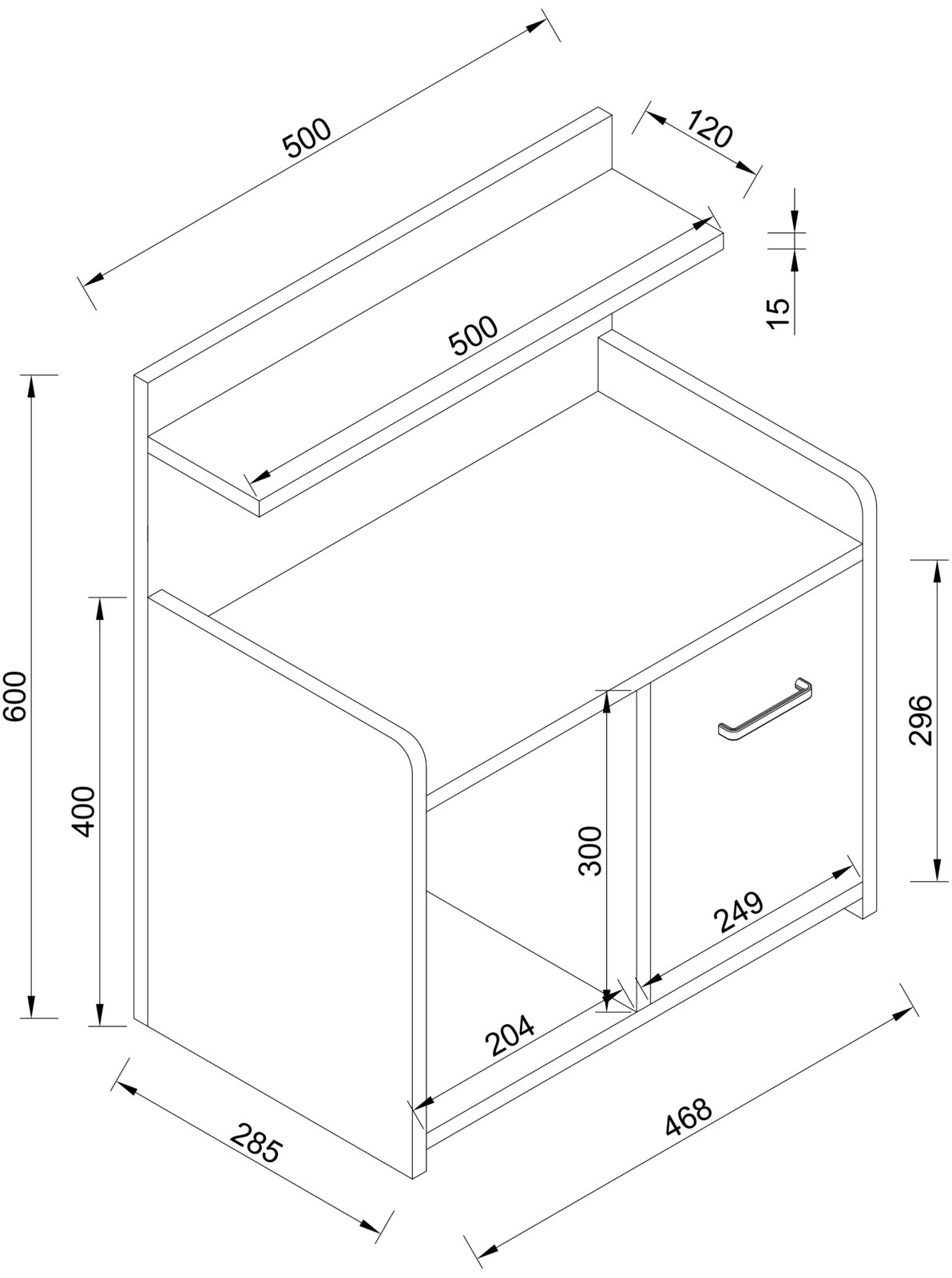 Isometrische technische Maßzeichnung eines kompakten Nachttischs/Beistellschranks mit Rückwand-Aufsatz und Griff, ca. 600 mm hoch, 468 mm breit und 285 mm tief.