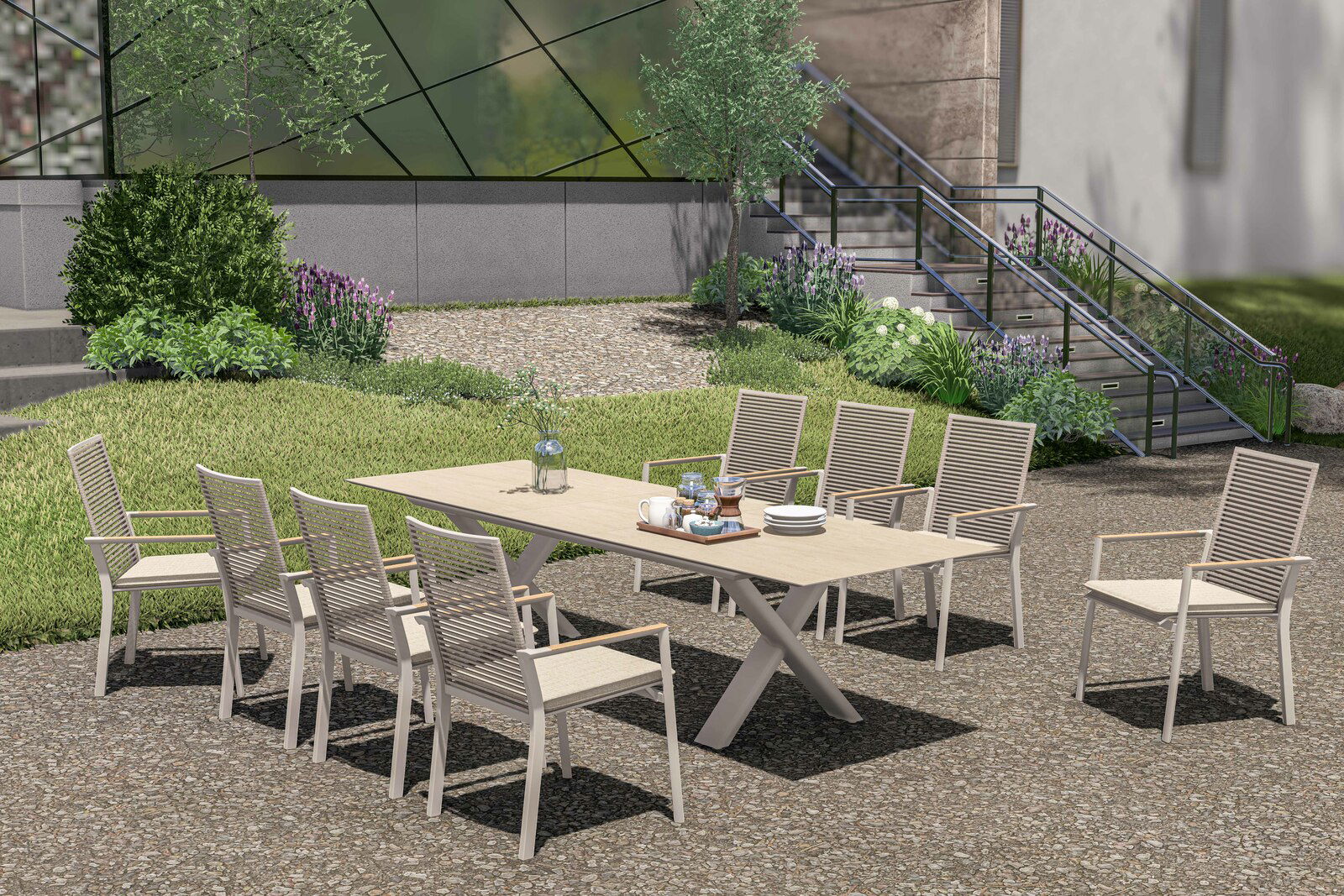 Moderner Garten Ausziehtisch mit acht Stühlen in einem grünen Garten, seitliche Perspektive