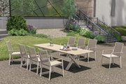 Moderner Garten Ausziehtisch mit acht Stühlen in einem grünen Garten, seitliche Perspektive