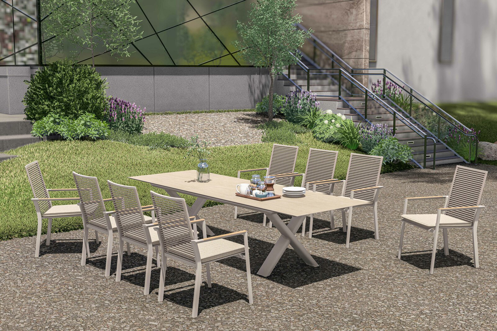 Moderner Garten Ausziehtisch mit acht Stühlen in einem grünen Garten, seitliche Perspektive