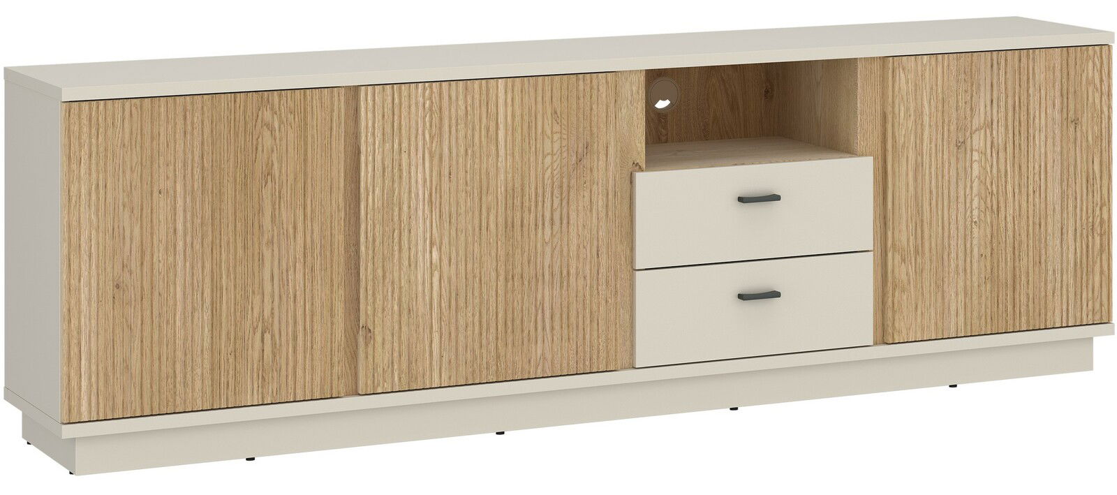 TV-Lowboard in Holzoptik mit zwei Schubladen und offenen Fächern, Frontalansicht