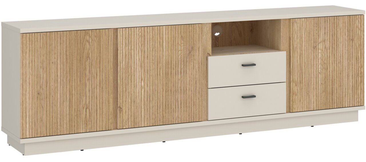 TV-Lowboard in Holzoptik mit zwei Schubladen und offenen Fächern, Frontalansicht