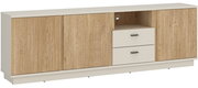 TV-Lowboard in Holzoptik mit zwei Schubladen und offenen Fächern, Frontalansicht