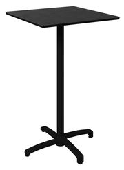Schwarzer Stehtisch mit quadratischer Tischplatte und stabilem Mittelfuß, seitliche Perspektive