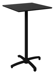 Schwarzer Stehtisch mit quadratischer Tischplatte und stabilem Mittelfuß, seitliche Perspektive