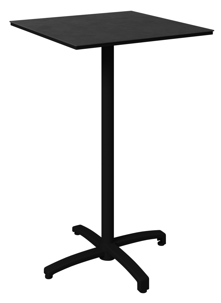 Schwarzer Stehtisch mit quadratischer Tischplatte und stabilem Mittelfuß, seitliche Perspektive