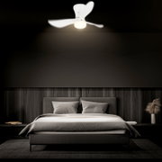 Weißer Deckenventilator mit integrierter LED-Leuchte über einem modernen Schlafzimmerbett, Ansicht von unten in leichter Untersicht
