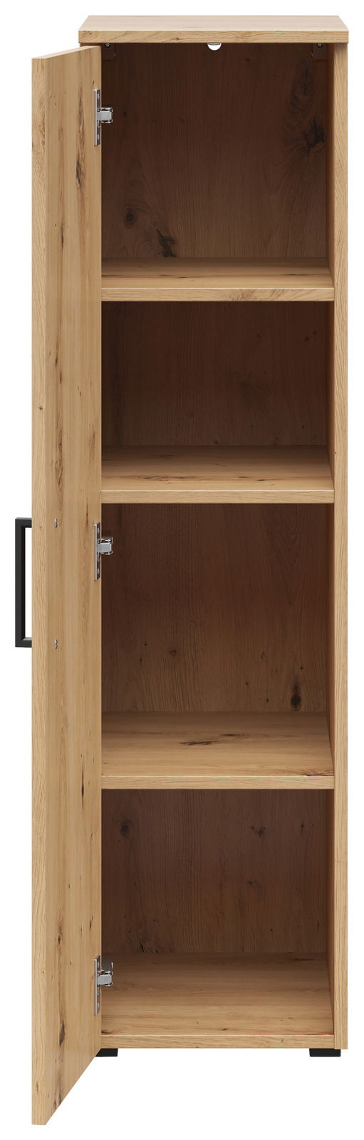 Mehrzweckschrank aus Holz mit geöffneter Tür, zeigt drei Regalböden, Frontalansicht