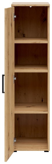 Mehrzweckschrank aus Holz mit geöffneter Tür, zeigt drei Regalböden, Frontalansicht