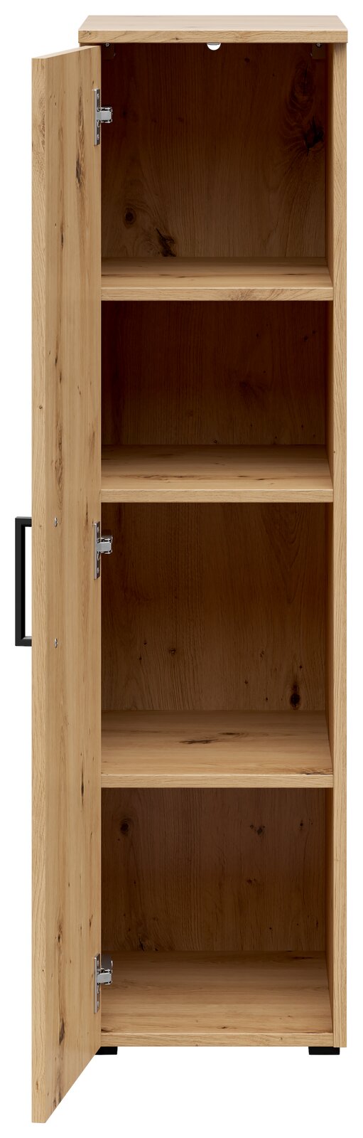 Mehrzweckschrank aus Holz mit geöffneter Tür, zeigt drei Regalböden, Frontalansicht