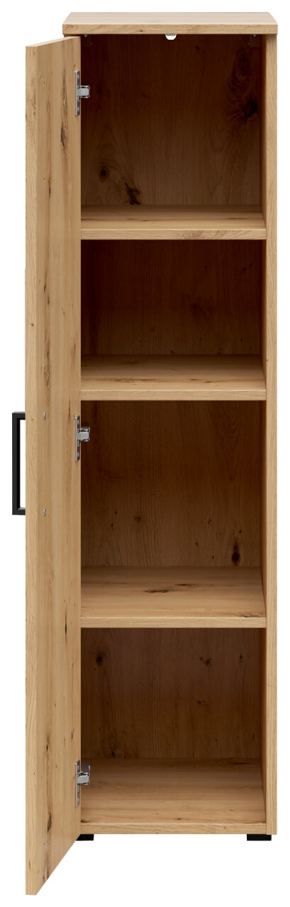 Mehrzweckschrank aus Holz mit geöffneter Tür, zeigt drei Regalböden, Frontalansicht