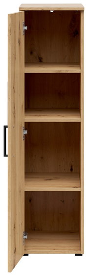 Mehrzweckschrank aus Holz mit geöffneter Tür, zeigt drei Regalböden, Frontalansicht