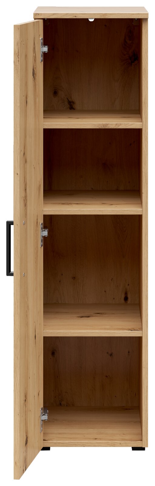 Mehrzweckschrank aus Holz mit geöffneter Tür, zeigt drei Regalböden, Frontalansicht