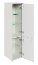 Weißer Midischrank mit zwei geöffneten Türen und Glasböden, seitliche Perspektive