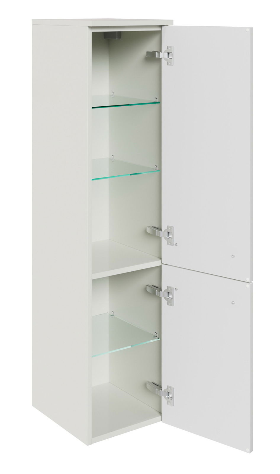 Weißer Midischrank mit zwei geöffneten Türen und Glasböden, seitliche Perspektive