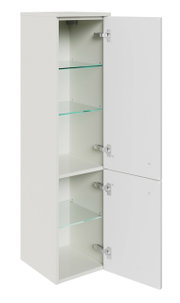 Weißer Midischrank mit zwei geöffneten Türen und Glasböden, seitliche Perspektive