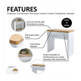 Moderner Schreibtisch mit Holzplatte und abgerundeten Ecken, aus extra dickem Material, vielseitig nutzbar als Konsole oder Schminktisch, seitliche Perspektive.