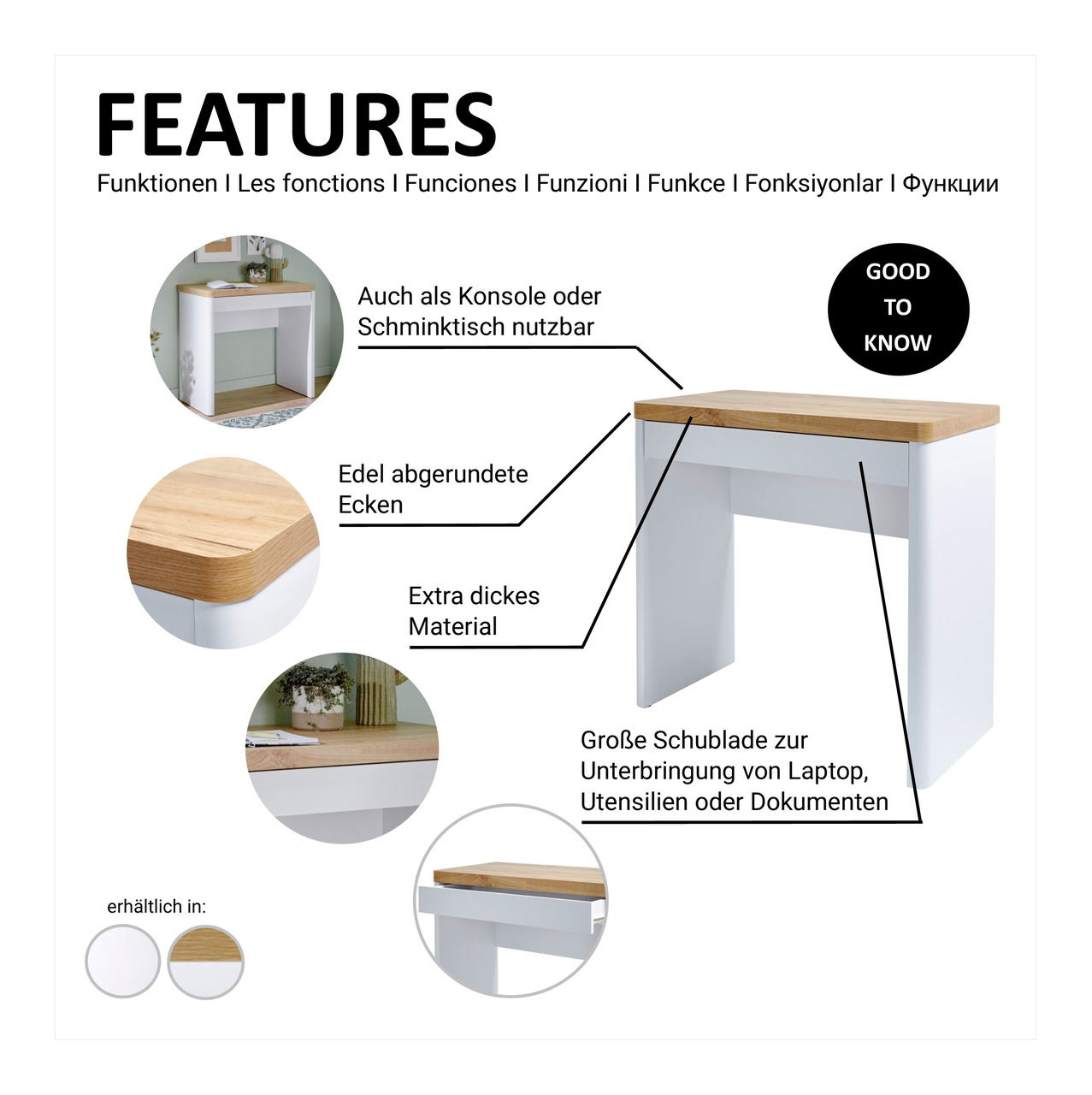 Moderner Schreibtisch mit Holzplatte und abgerundeten Ecken, aus extra dickem Material, vielseitig nutzbar als Konsole oder Schminktisch, seitliche Perspektive.
